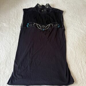 Free People Rhinestone Cowboy Lace Embellished‎ Top Western Wear Women's L Black
